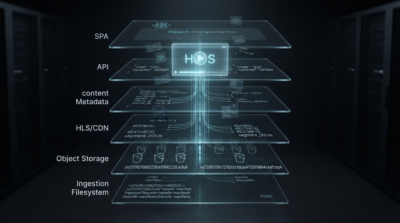A layered architecture diagram showing the request flow from a React-based single-page application through an API, content metadata, HLS/CDN delivery, object storage, and the ingestion filesystem.